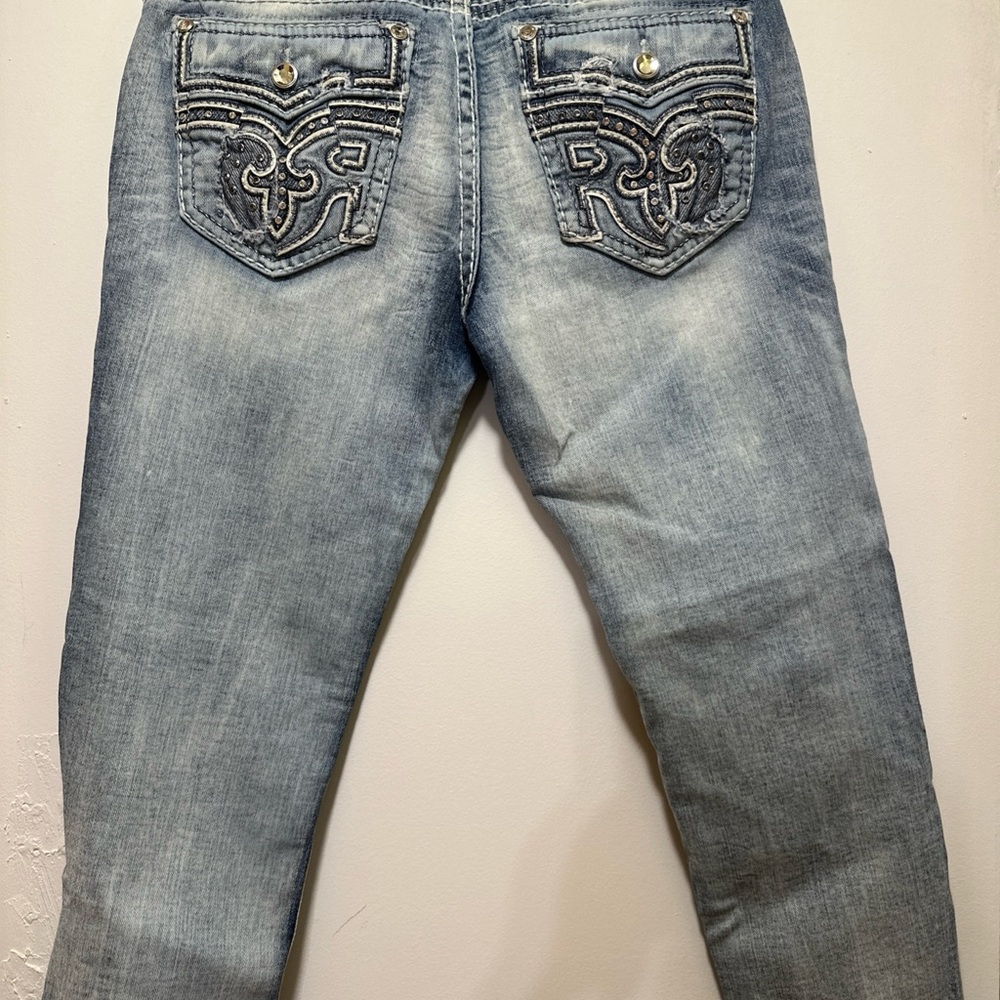 Women's Rock Revival "Ferry" Skinny Ankle Embroidered Blue Jeans Size 31